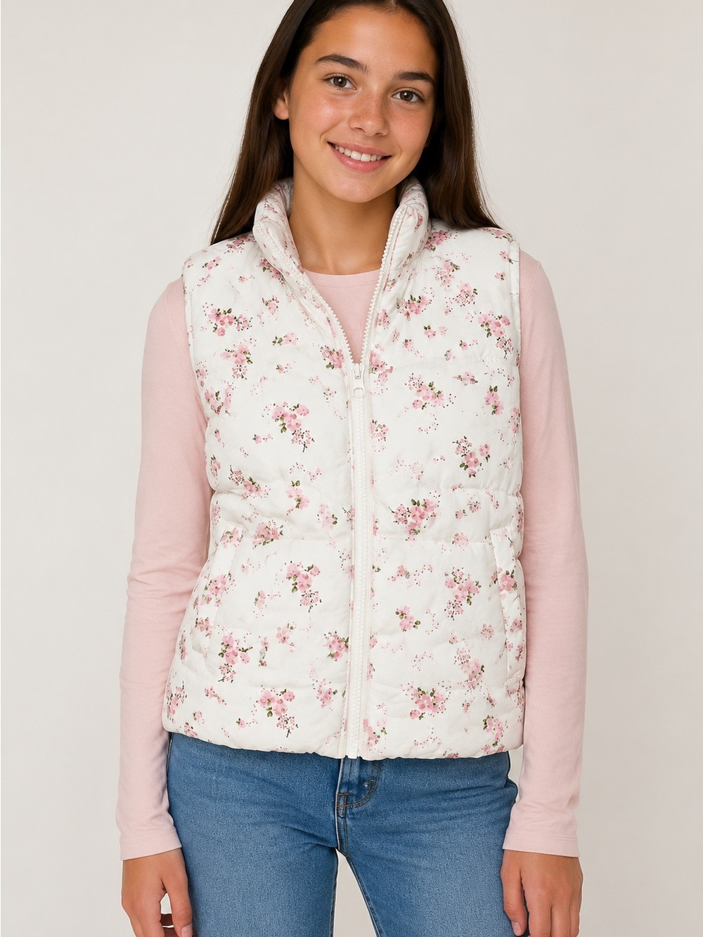 Lover Fire Girls' Floral Quilted Vest - White/Pink size Large